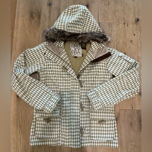 Roxy 5000 Y2K Checkered Ski Snow Jacket with removal Faux Fur trim MED